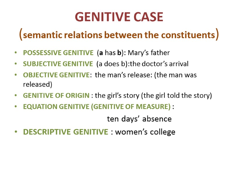 GENITIVE CASE  (semantic relations between the constituents) POSSESSIVE GENITIVE  (a has b):